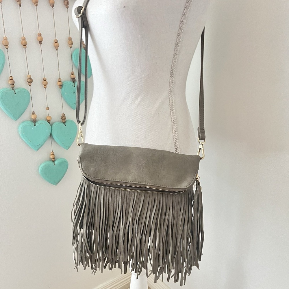 Mellow World gray fringe hippie purse crossbody adjustable straps bohemian 8x10